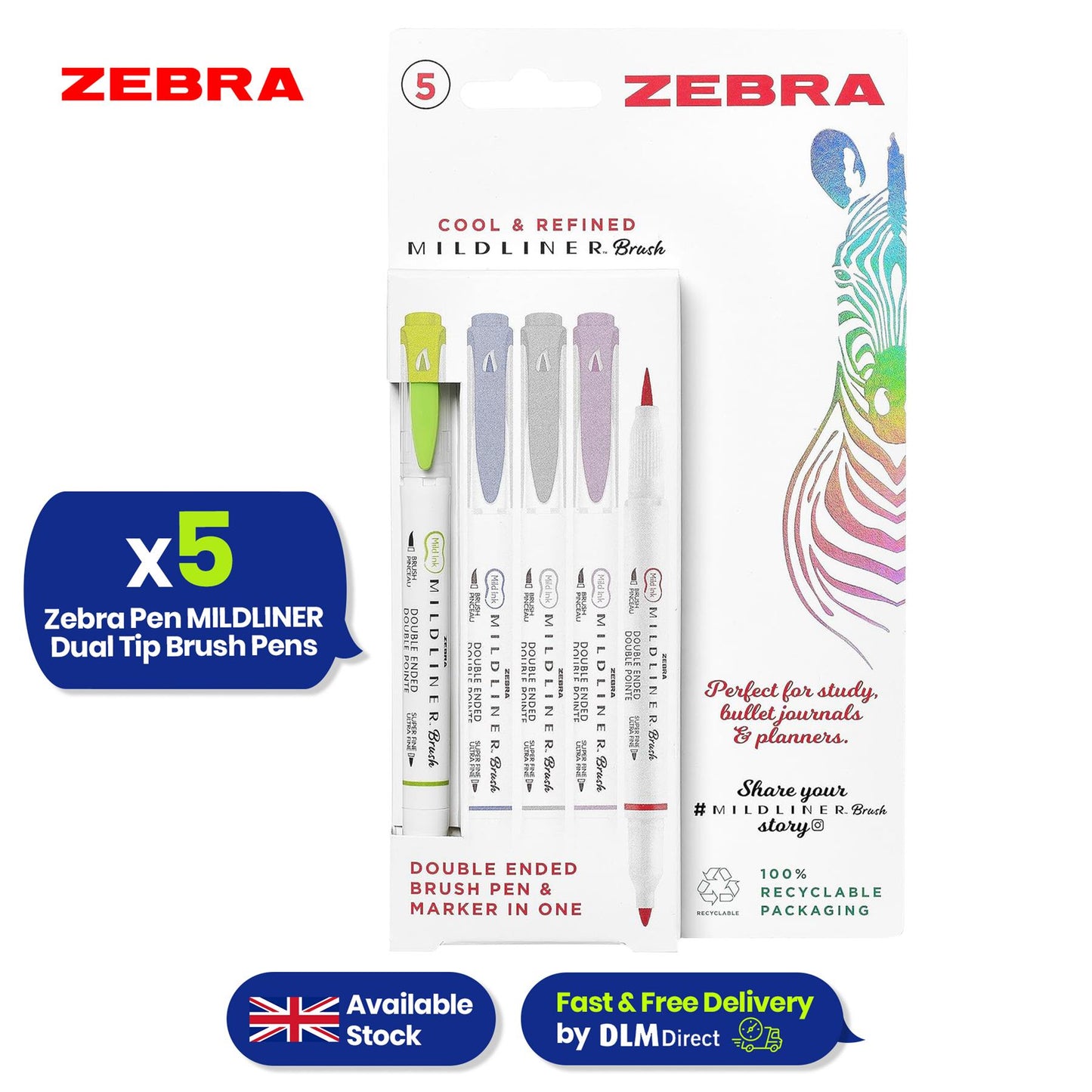 Zebra Dual Tip Brush Pens Mildliner Set of 5 Markers with Bullet and Brush Tips for Art and Journaling