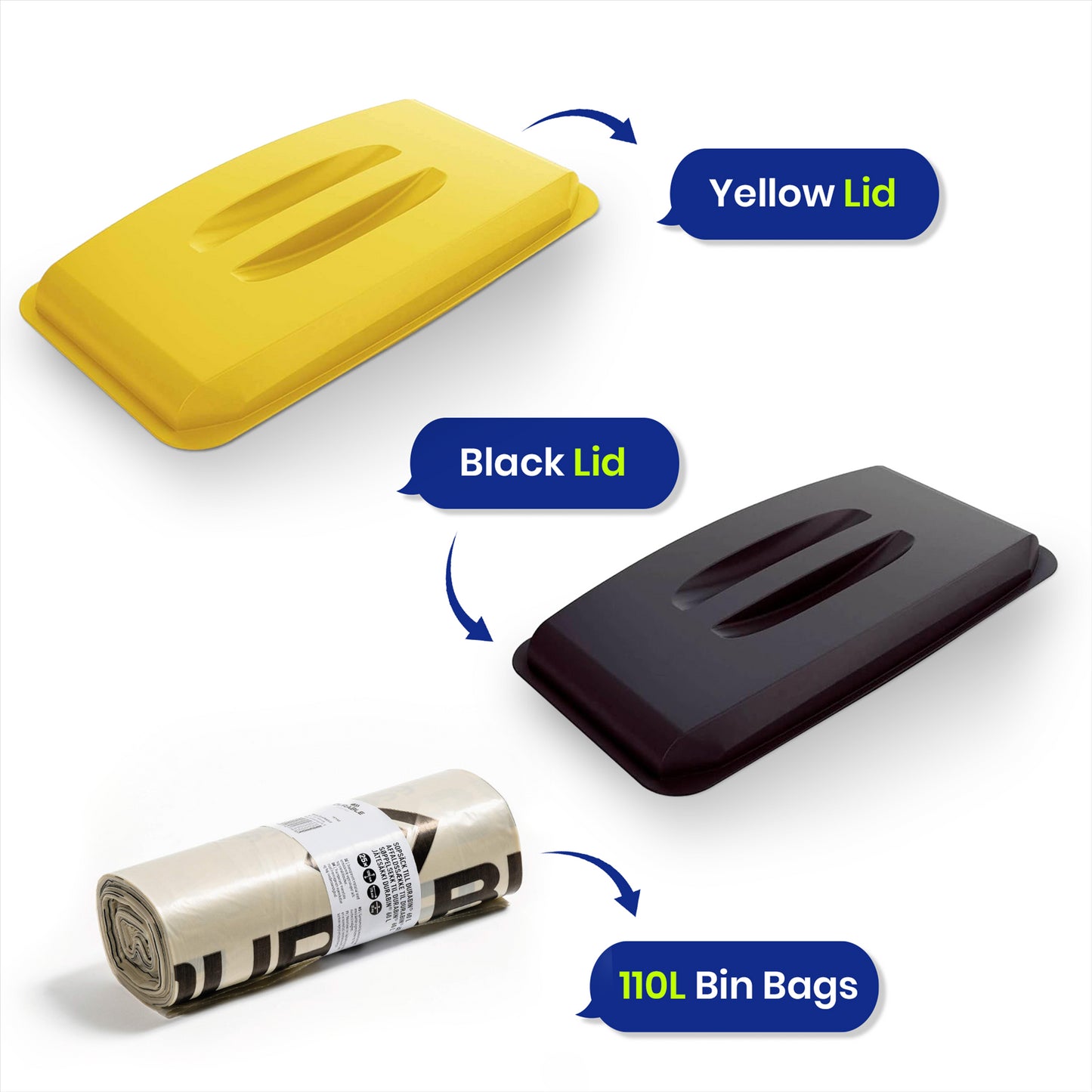 DURABIN 60L Yellow and Black Lids and 25x 110L Recycled Bin Bags Set