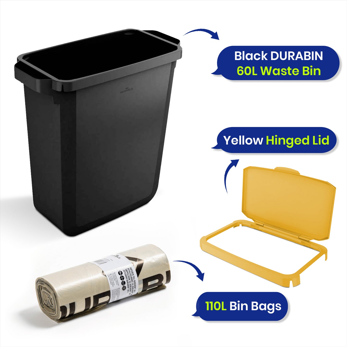 DURABIN 60L Black Bin Set and Yellow Hinged Lid with 25x 110L Bin Bags