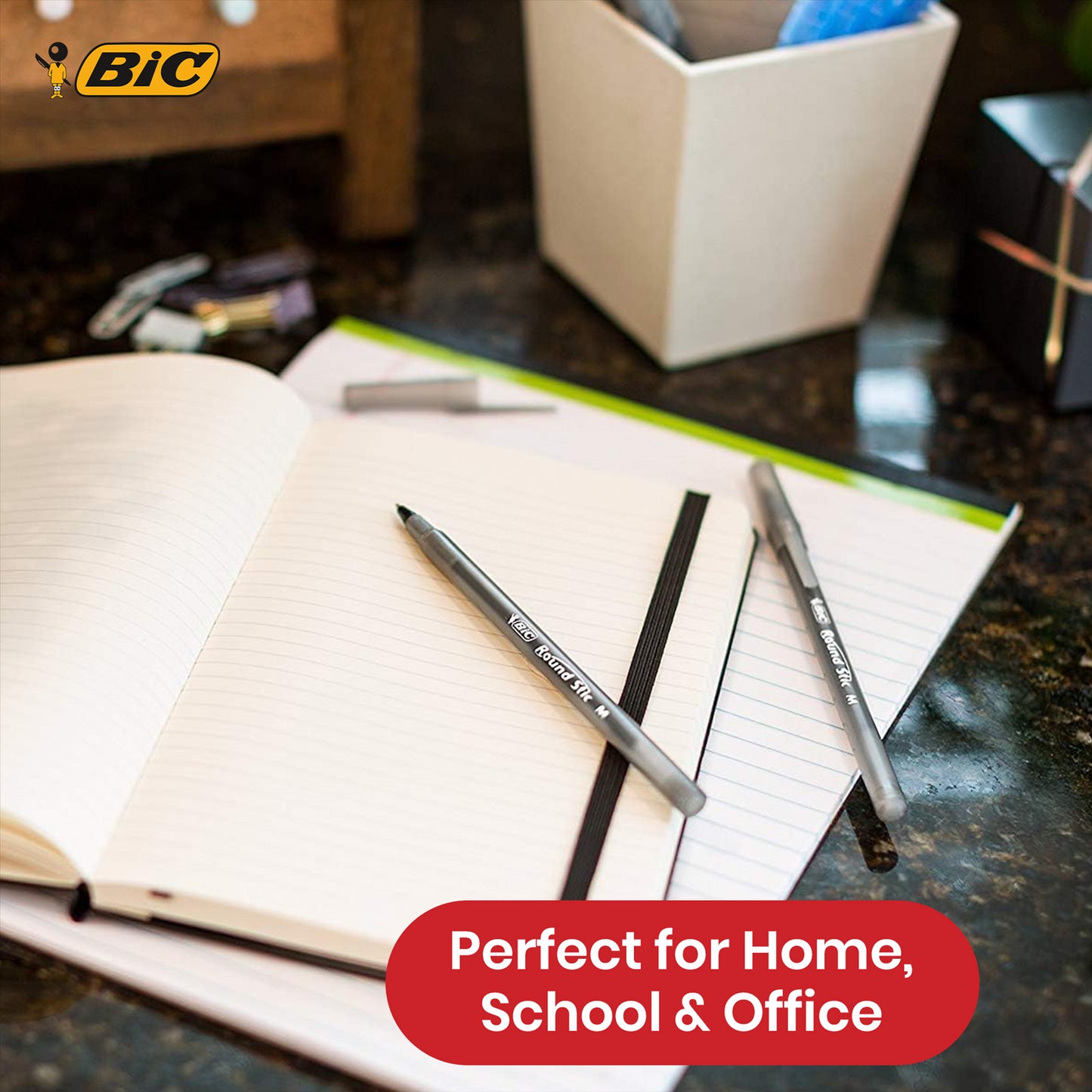BIC Round Stic Ballpoint Pens - 8 Pcs Plastic Black Ball Pen, 1.0mm Tip Writing Pens for Office