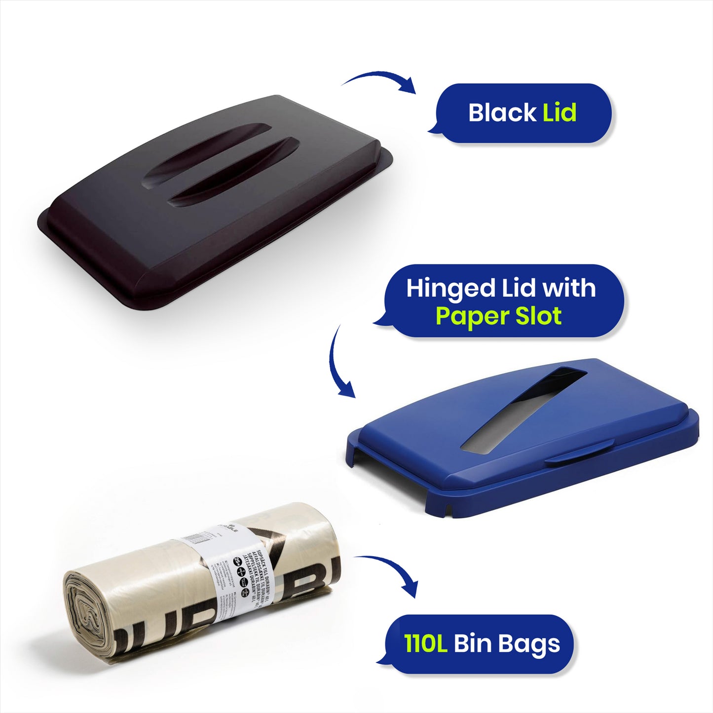 DURABIN 60L Blue Paper Lid & Black Lid with 25 Recycled Bin Bags for Home or Office Waste Sorting