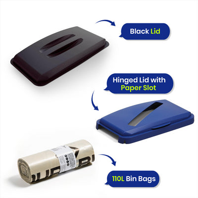 DURABIN 60L Blue Paper Lid & Black Lid with 25 Recycled Bin Bags for Home or Office Waste Sorting