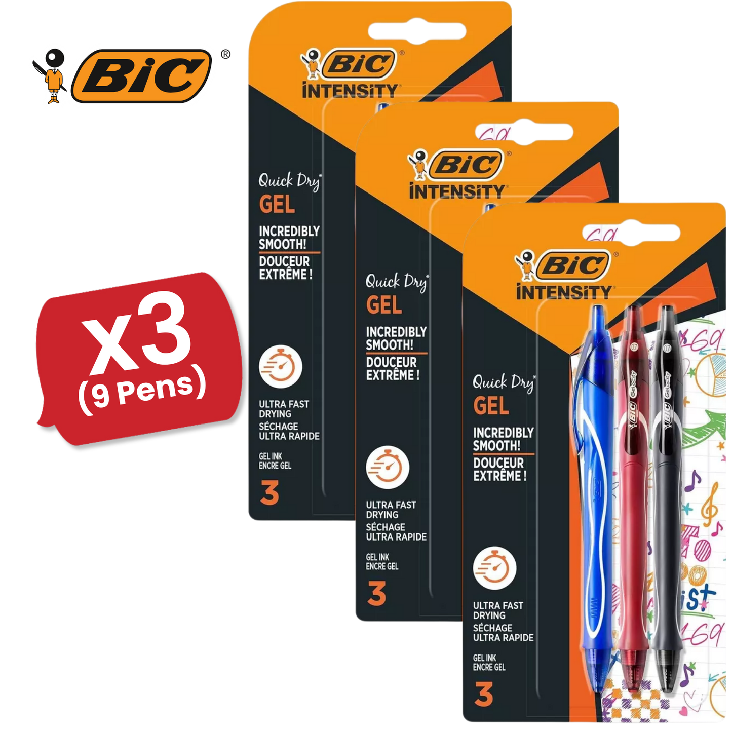 BIC Gel-ocity Quick Drying Gel Pen, Assorted Colours, 3 Pack