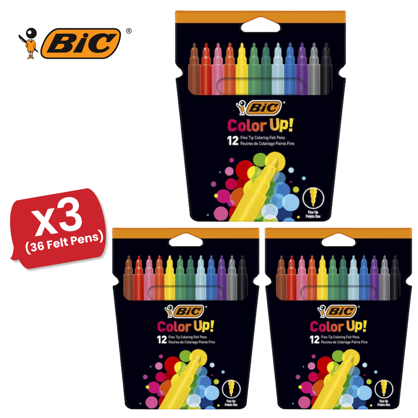BIC Colour Up Colouring Felt Pens Assorted Colours - Pack of 12 - 1 to 5 Packs