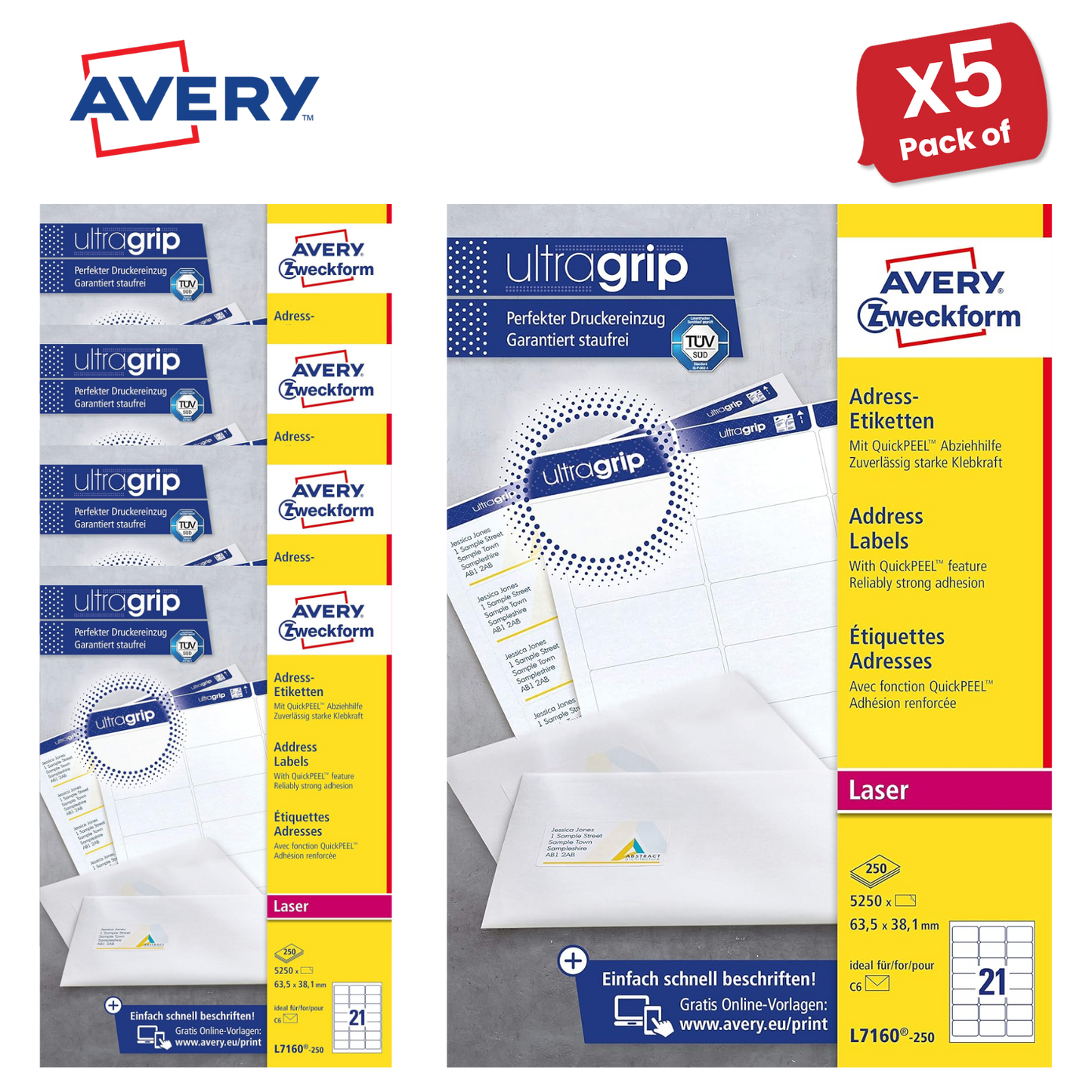 Avery L7160-250 Address Labels, 250 Sheets, 5250 Labels 63.5 x 38.1mm - 1 to 5