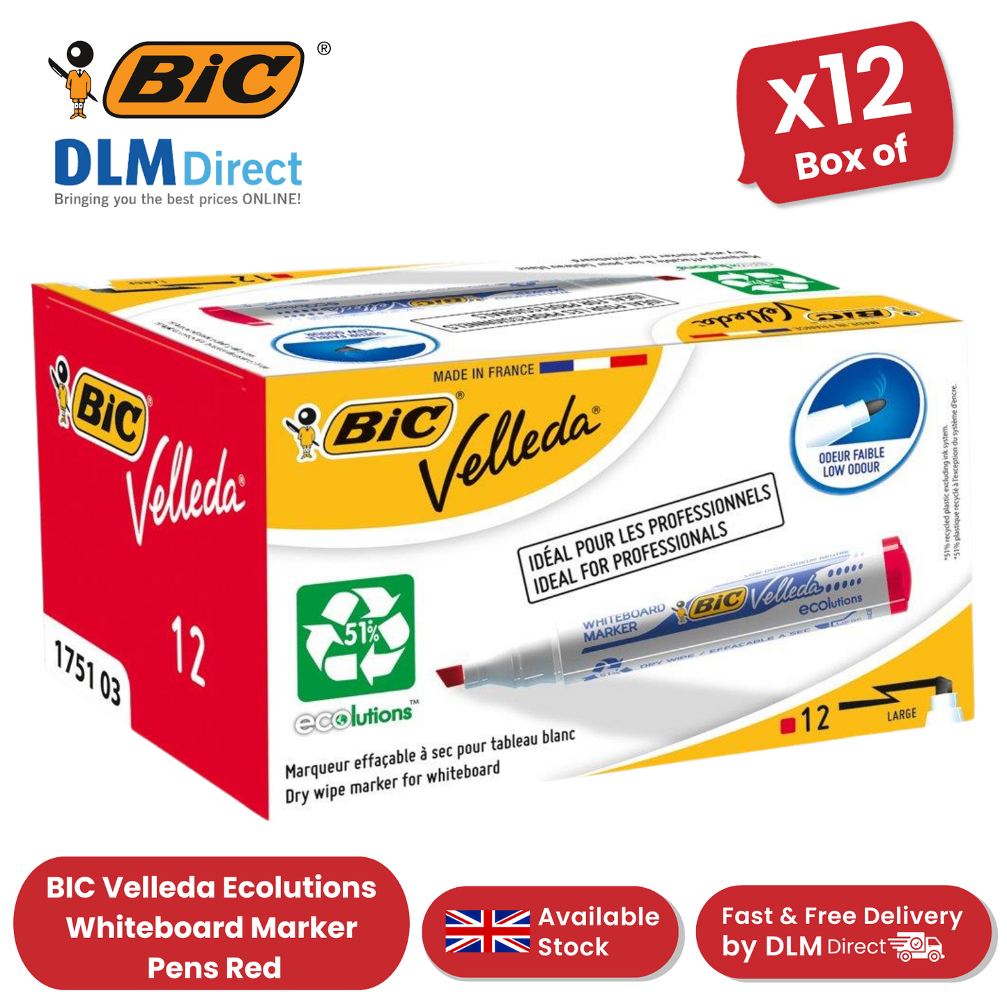 BIC Velleda 1751 ECOlutions Whiteboard Markers Red - Box of 12 - 1 to 5 Packs