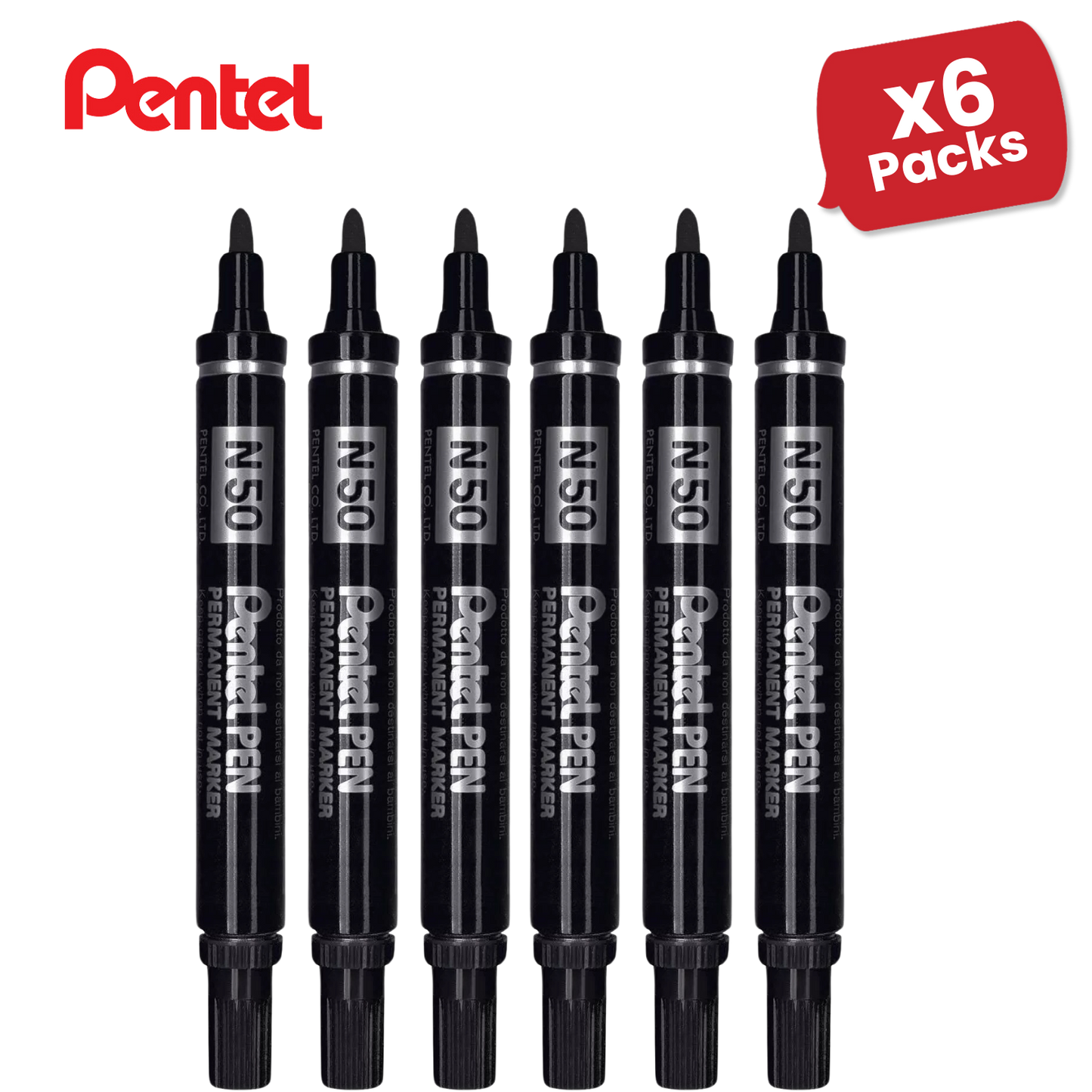 Pentel N50 Permanent Marker Bullet Tip 1.5-2mm Line Black Ref N50-A - 6 Packs
