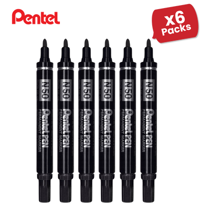 Pentel N50 Permanent Marker Bullet Tip 1.5-2mm Line Black Ref N50-A - 6 Packs