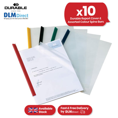 Durable A4 Clear Report Covers & Spine Bars, 10 Pack - Plastic Filing, Assorted Colours