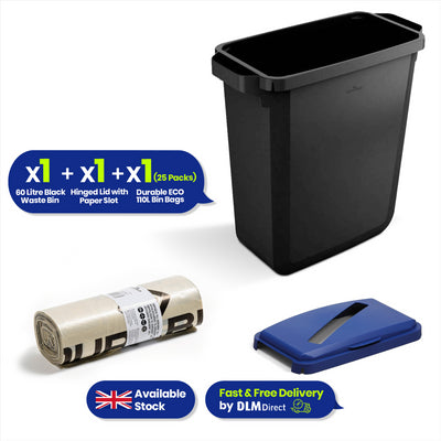 Waste bin DURABIN� ECO 60L rectangular+ Durable DURABIN 60 Hinged Lid with Paper Slot - Blue+ Durable ECO 110L Bin Bags 100% Recycled