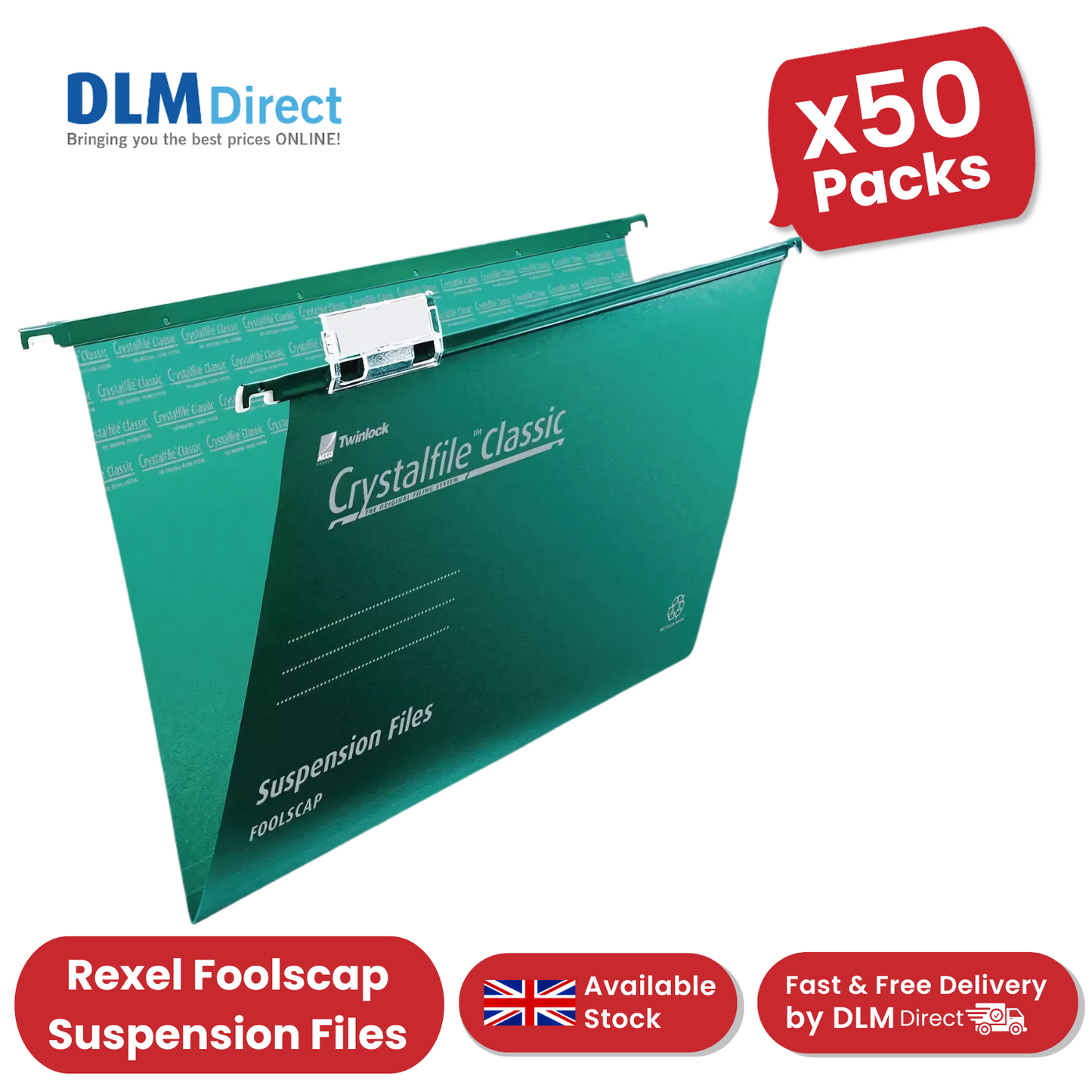 REXEL CRYSTALFILE GREEN FOOLSCAP SUSPENSION FILES V BASE - PACK OF 50 - 1 to 5