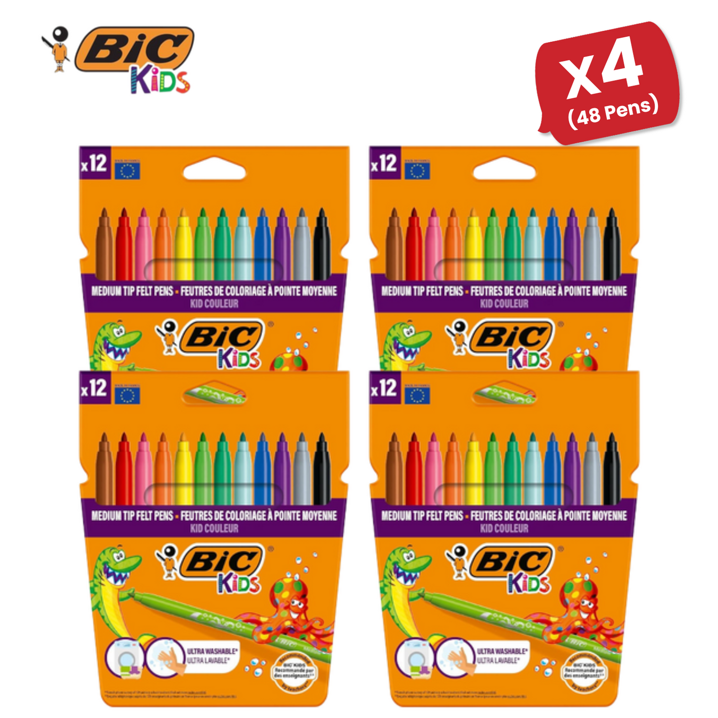 BIC Kids Kid Couleur Felt Medium Blocked Tip Colouring Pens - Pack of 12