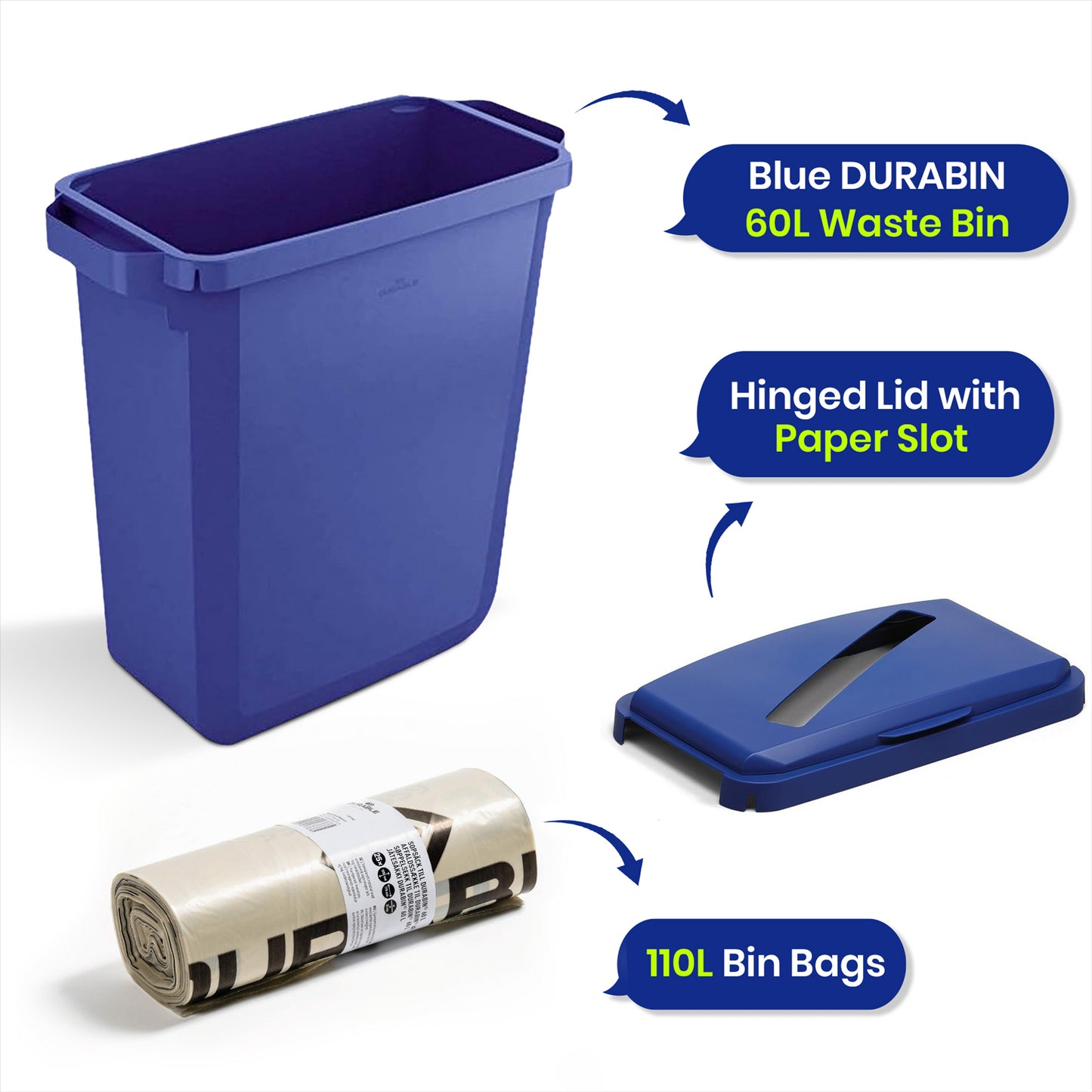 DURABIN 60L Blue Bin Set & Blue Hinged Lid with Paper Slot & 25x 110L Eco Bin Bags