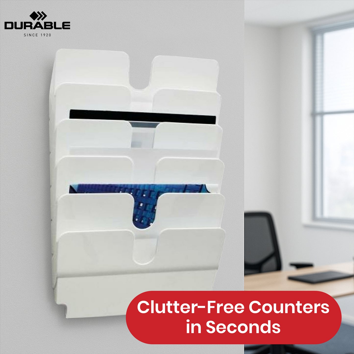 Durable A4 Leaflet Holder White Polystyrene Brochure Holder, 6 Slots Document Holders for Office