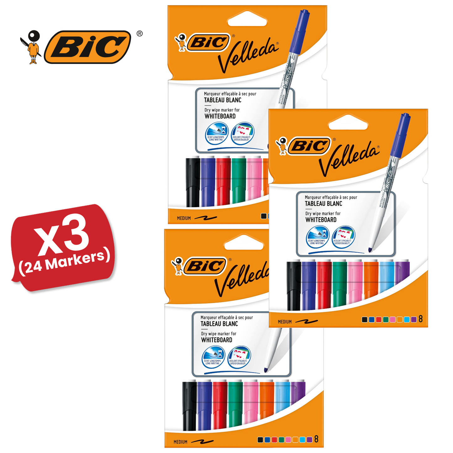 Bic Velleda 1741 Whiteboard Drywipe Assorted Marker - Pack of 8 - 1 to 5 Packs