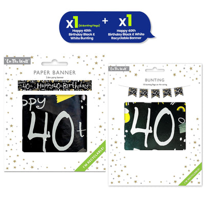 Black and White 40th Birthday Banner and Bunting Decor Set for Party Spaces