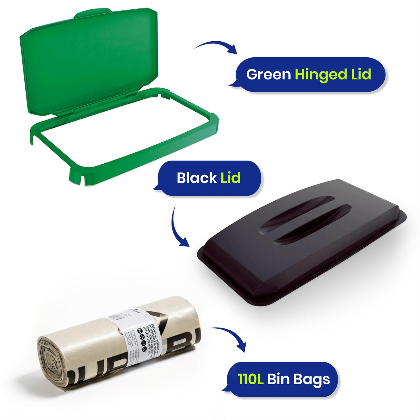 DURABIN 60L Bin Lid Green Hinged & Black Lids & 25x Recycled 110L Liners