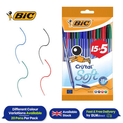 Bic Cristal Soft Ballpoint Pens Medium Tip (1.2 mm) Assorted Colours, Pack of 15 + 5,Black / Blue / Red / Green