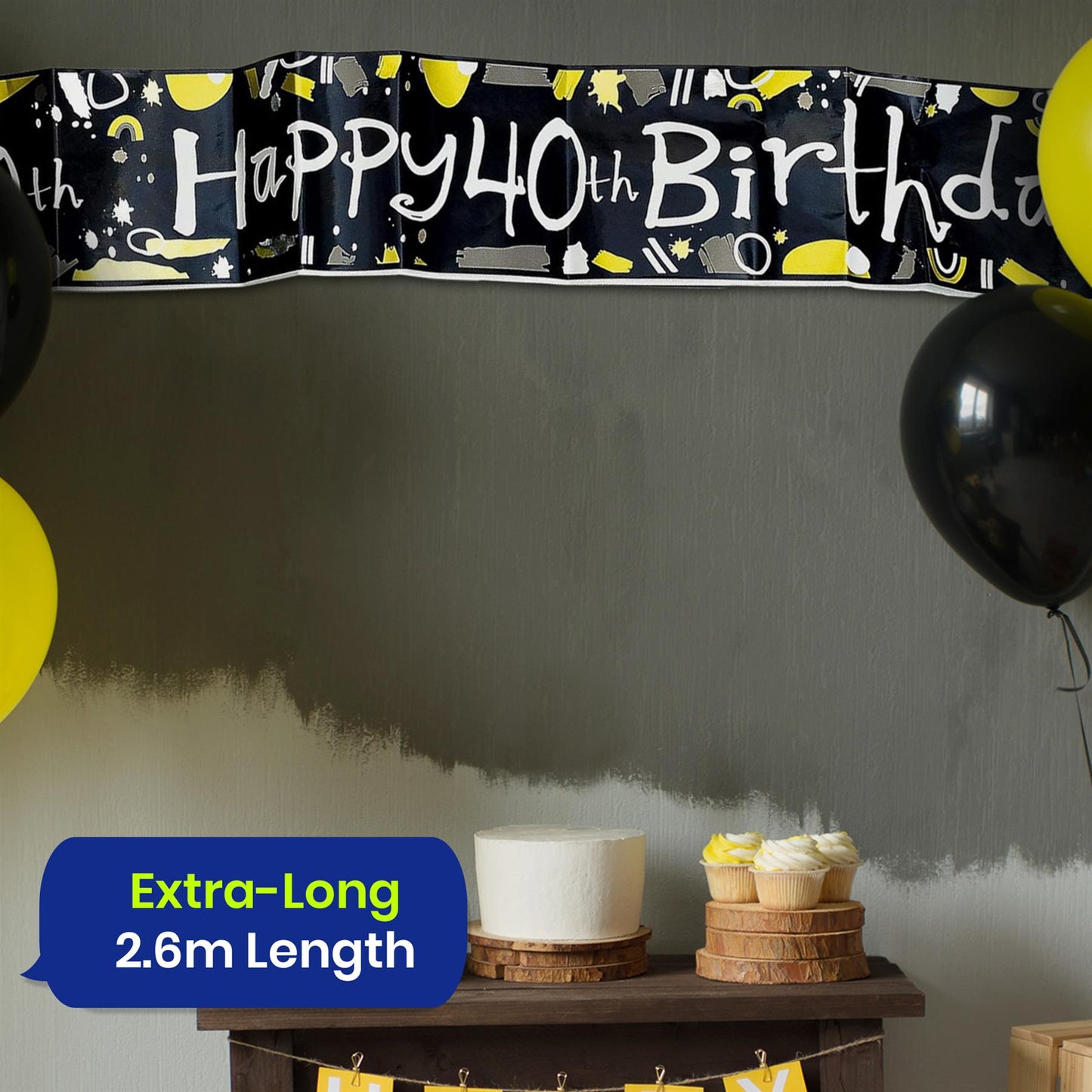 Happy 40th Birthday Black and White Banner 2.6m Party Decor for Milestone Celebration