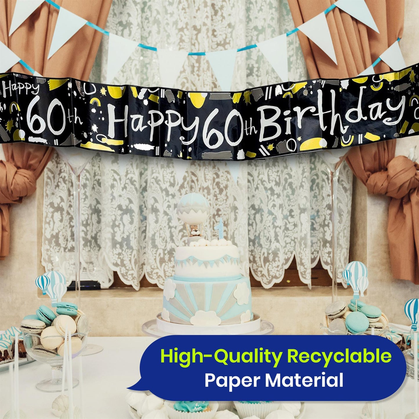 Happy 60th Birthday Black and White Banner 2.6m Party Decor for Milestone Celebration
