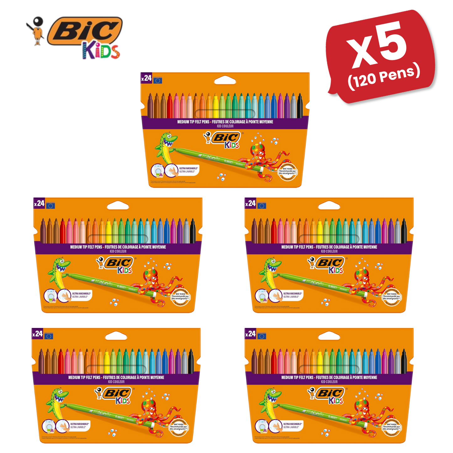 BIC Kids Felt Tip Pens with Medium Blocked Tip 24 Colours