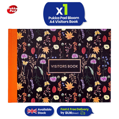 Pukka Pad A4 Visitor Log Book Black 96 Pages Floral Hardcover Sign In Book for Office or School