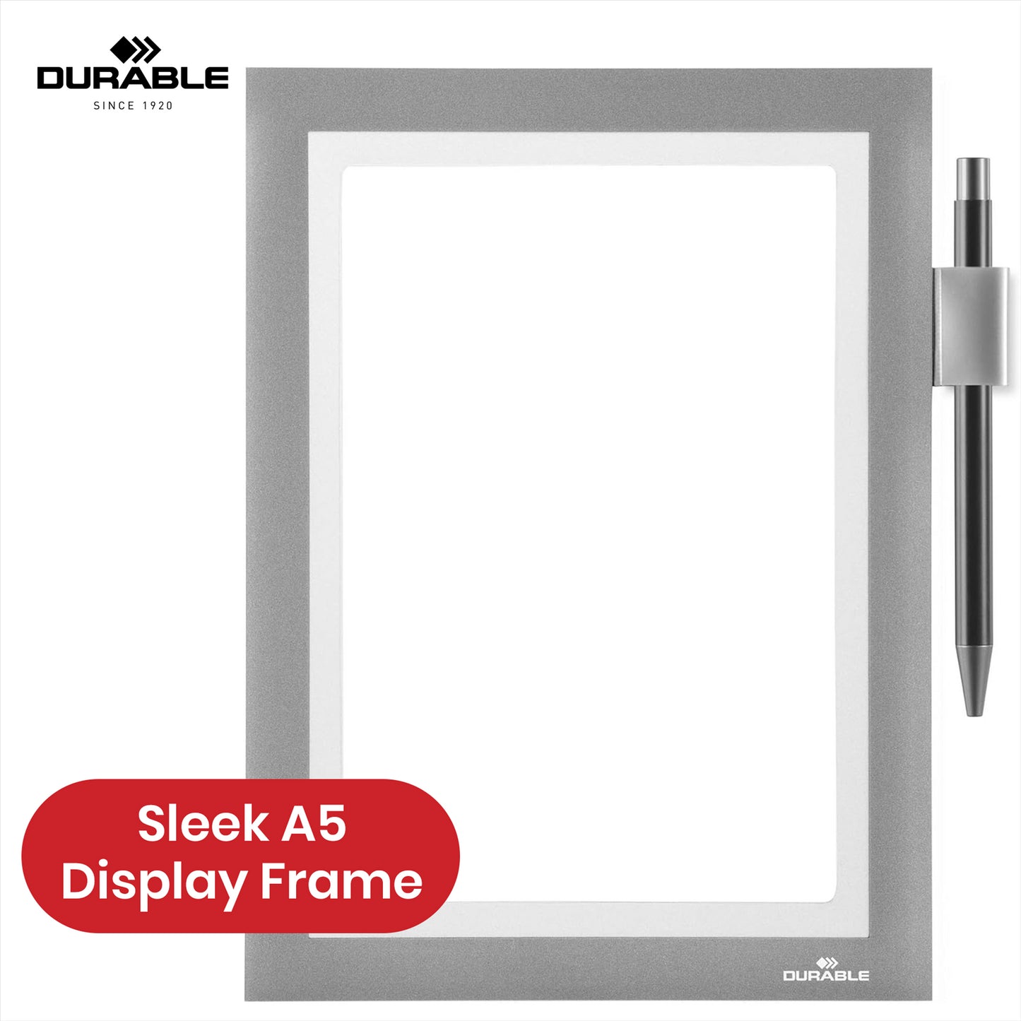 Durable DURAFRAME Magnetic Frame, Silver A5 Wall Mount Magnetic Display with Pen Holder for Work