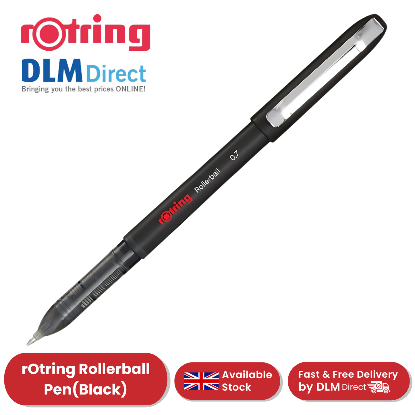 rOtring Rollerball Pen Fine Point 0.7mm - Black Ink, Smooth & Precise Writing