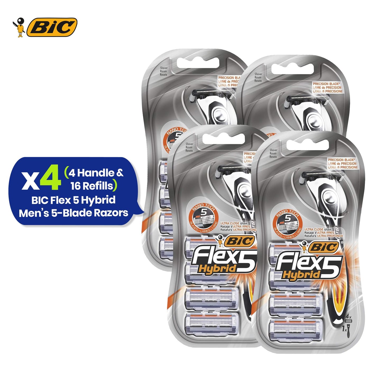 BIC Flex 5 Hybrid, Men's 5-Blade Razors, Precision Blade for Accuracy, Pack with 1 Handle and 4 Refills