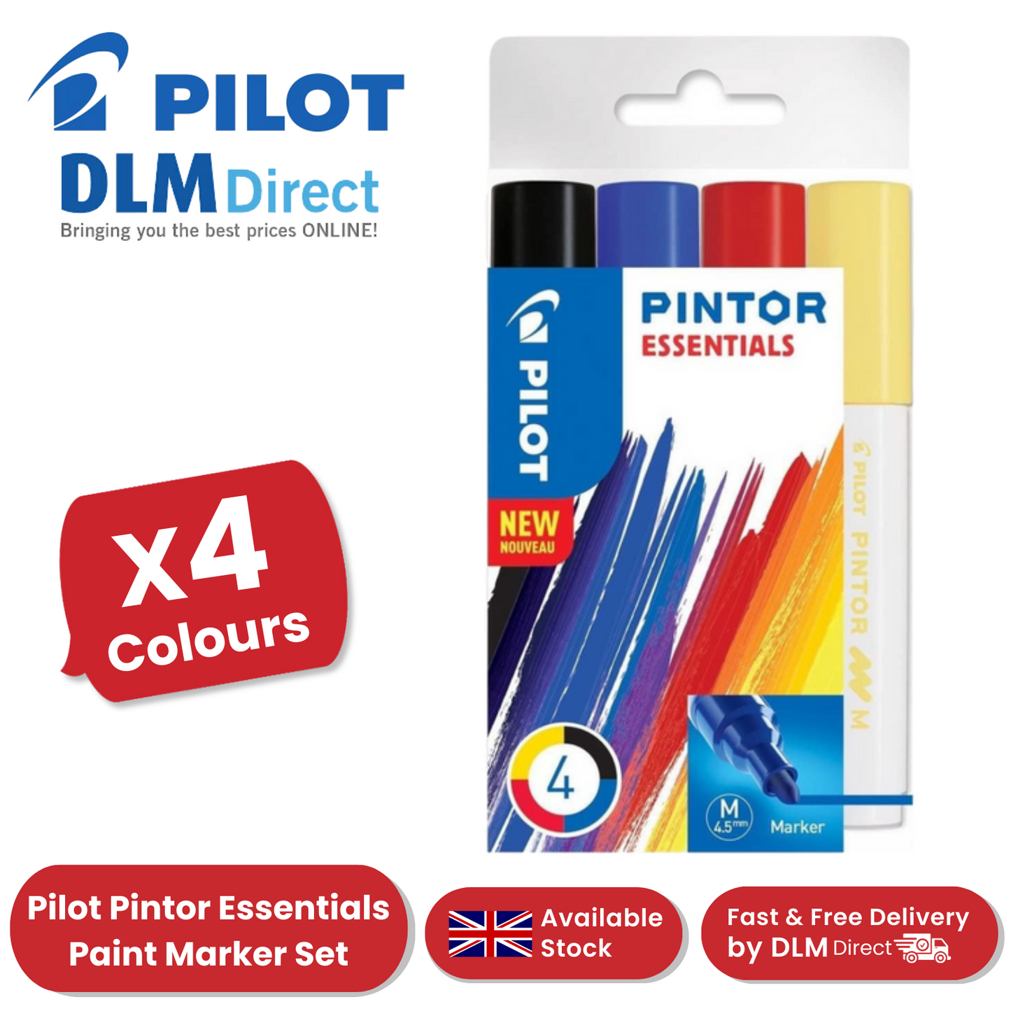 Pilot Pintor - Wallet of 4 - Medium - Black. Blue, Red, Yellow