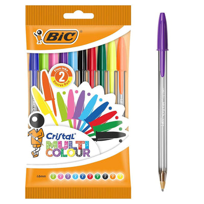 BIC Cristal Original Ballpoint Pens Medium Point (1.0 mm) - Multi Colour, Pouch of 10