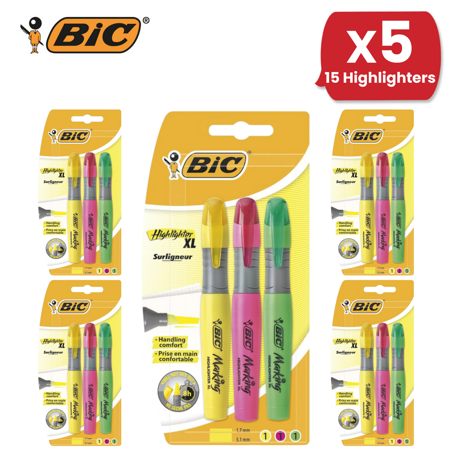 BIC Highlighters XL Assorted Fluorescent Colours 3 Pack