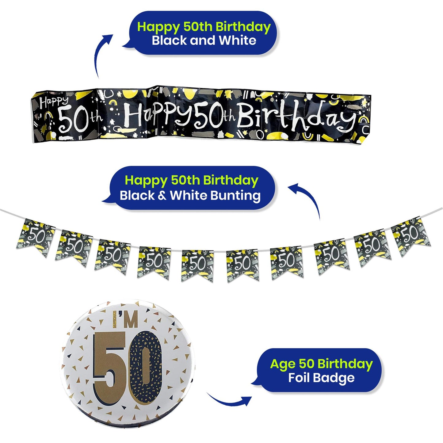 50th Birthday Decoration Set Silver Badge Black and White Banner and Bunting
