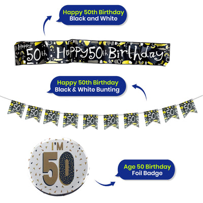 50th Birthday Decoration Set Silver Badge Black and White Banner and Bunting