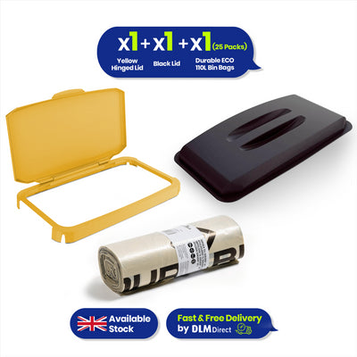 Durable DURABIN Lid Eco Black for 60 Litre Waste Bin+ Durable Durabin Hinged Lid - Yellow+ Durable ECO 110L Bin Bags 100% Recycled